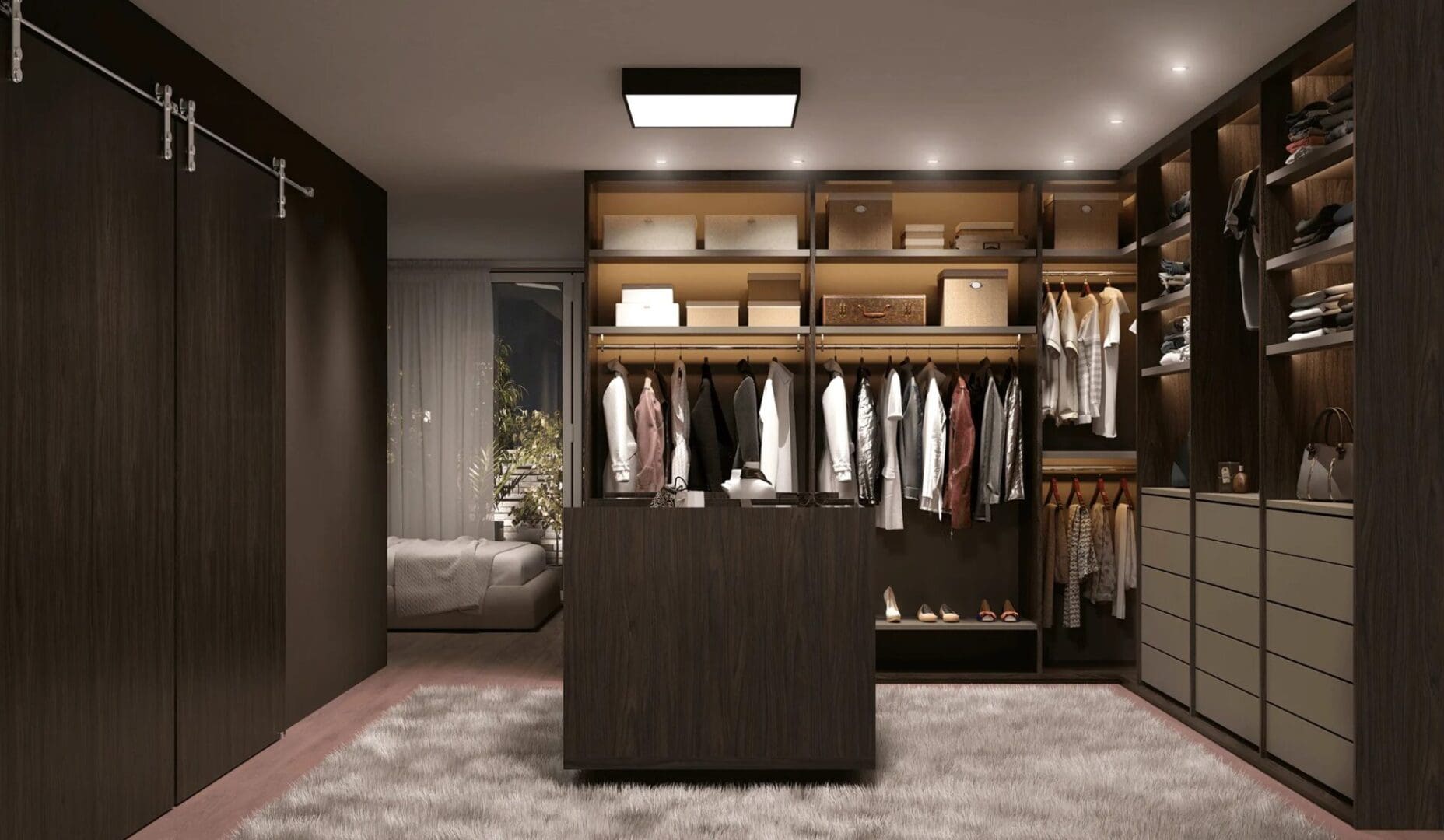 A closet with dark wood high quality premium design, with a rug.