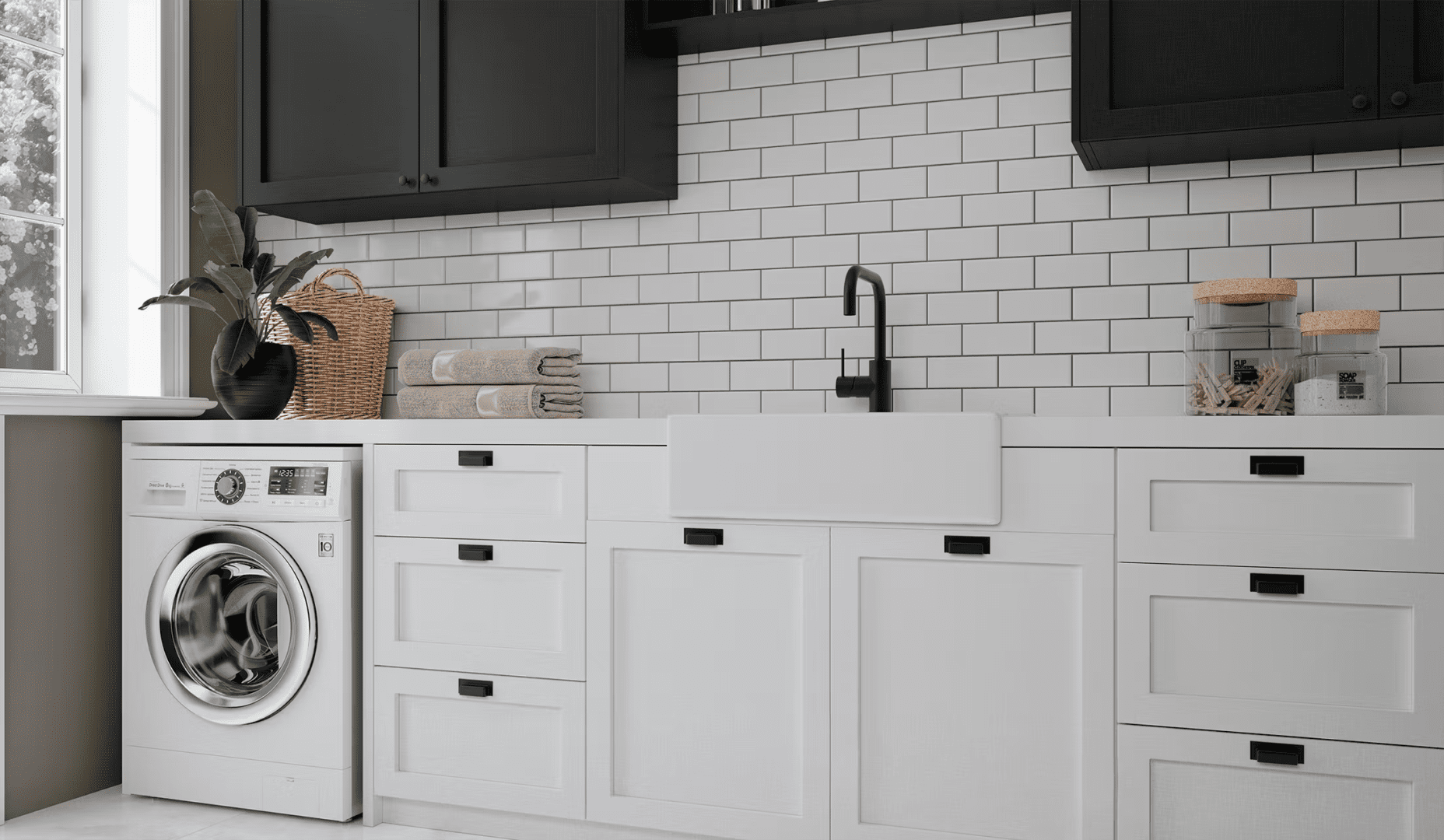 Laundry with black and white high qualite premium cabinets made of wood