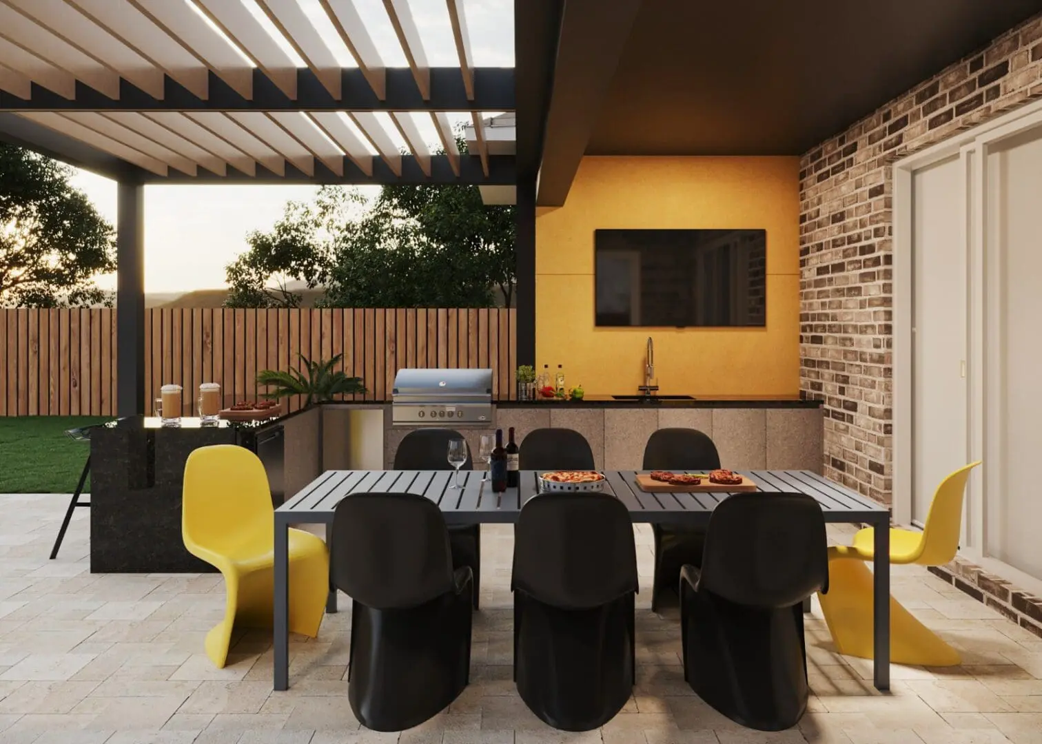 An outdoor space with a table for 8 seats, cabinets made of high quality premium wood.