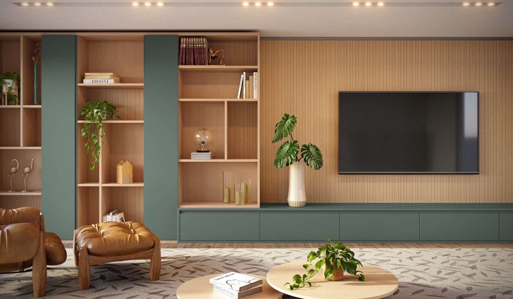 A living room with green and wooden high quality premium cabinets with some decorations