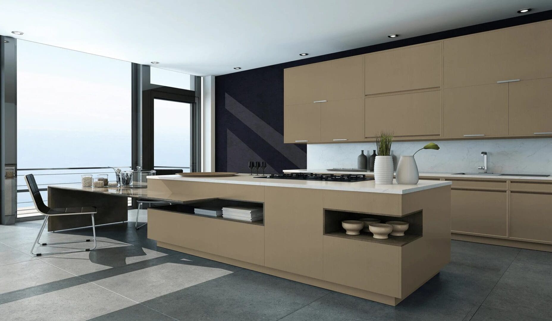 A kitchen with high quality premium wooden cabinets.