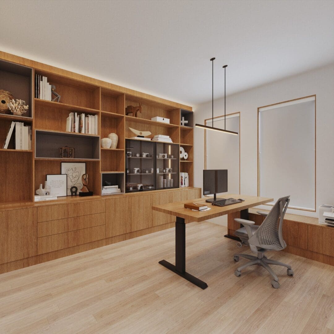 A home office room with high quality premium cabinets.