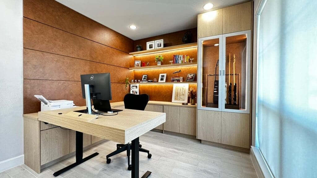 Home office with high quality oremium cabinets made of wood